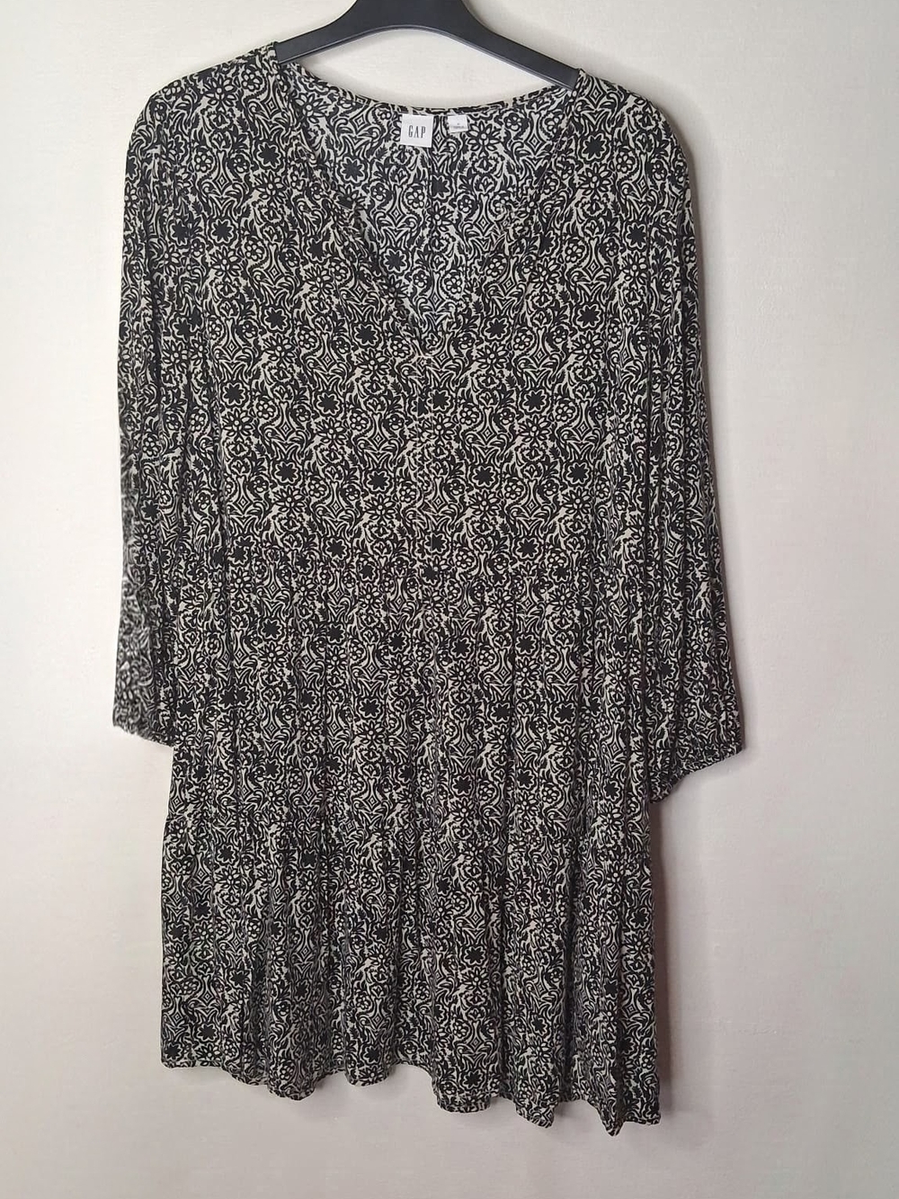 Gap Black White Folk Floral Tiered Dress 3/4 Sleeve M